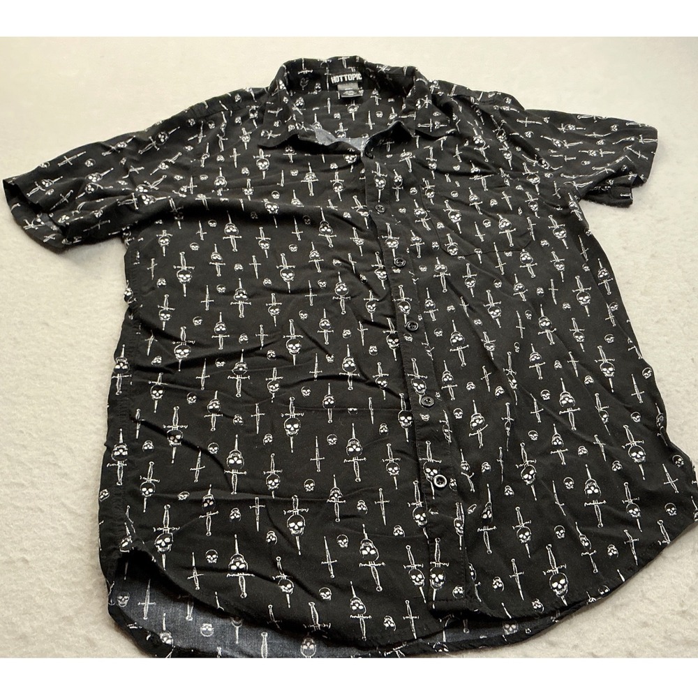 Hot Topic Button Up Shirt Skull Dagger Print Black Small Goth Punk Short Sleeve